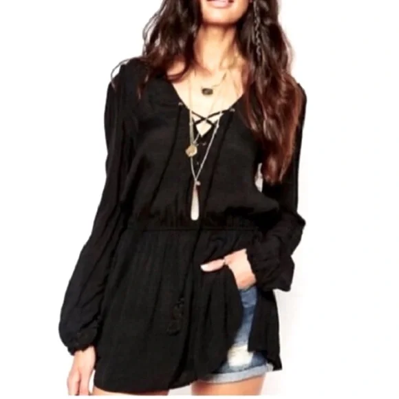 Free People black Lace-Up Tunic top M - Picture 3 of 10